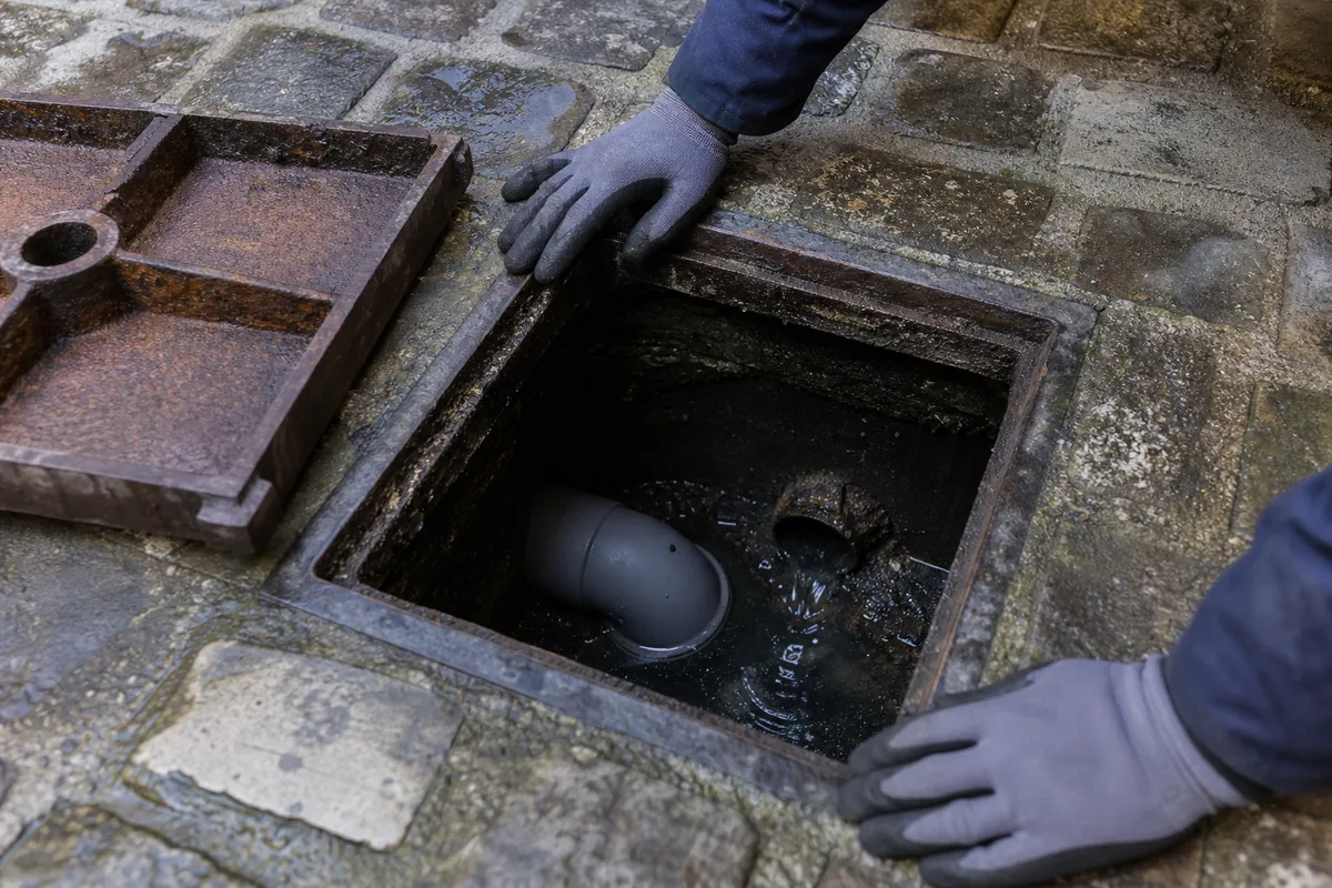 Regard de visite ouvert au pied d&rsquo;un immeuble, canalisation d&rsquo;eaux usées visible