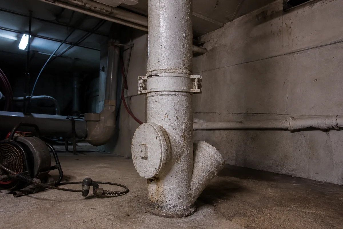 Colonne d&rsquo;eaux usées en fonte dans le sous-sol d&rsquo;un grand ensemble francilien