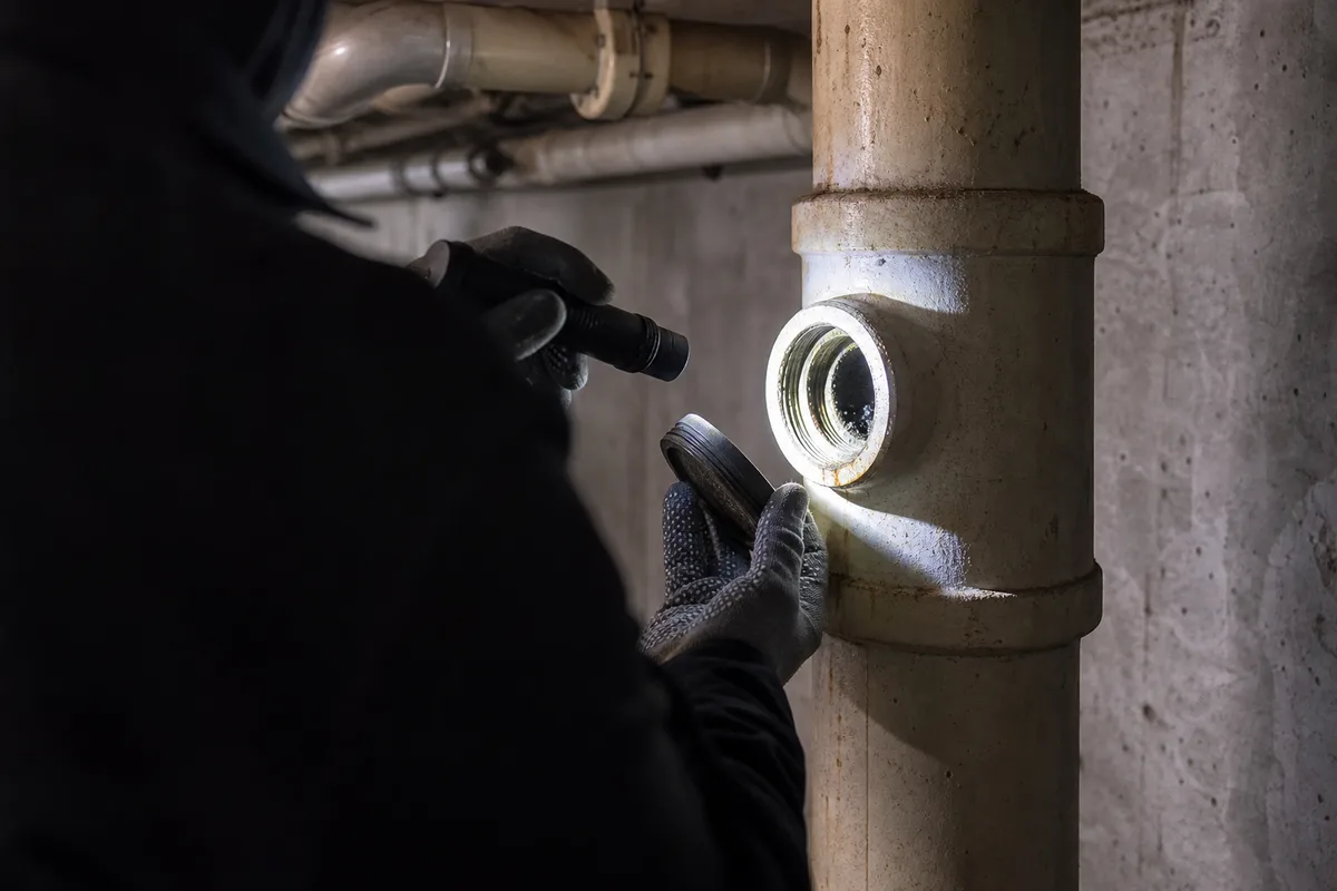 Colonne d’eaux usées en fonte inspectée dans le sous-sol d’un immeuble francilien