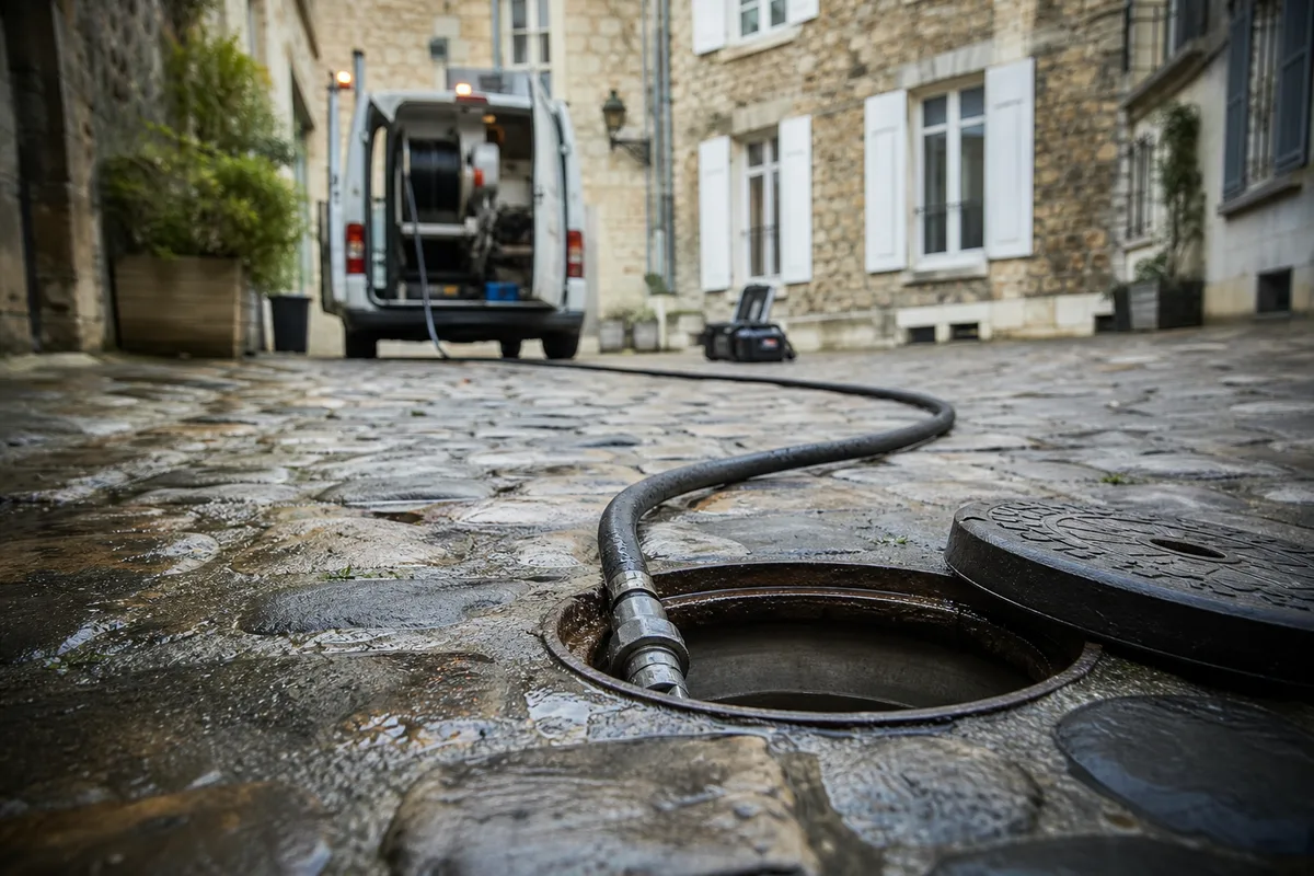 Regard de visite ouvert dans une cour d’immeuble pavée, flexible d’hydrocureuse déroulé