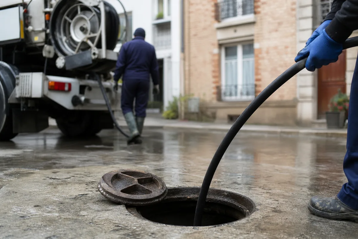Hydrocureuse déroulant son flexible haute pression au-dessus d&rsquo;un regard de visite ouvert dans une cour d&rsquo;immeuble