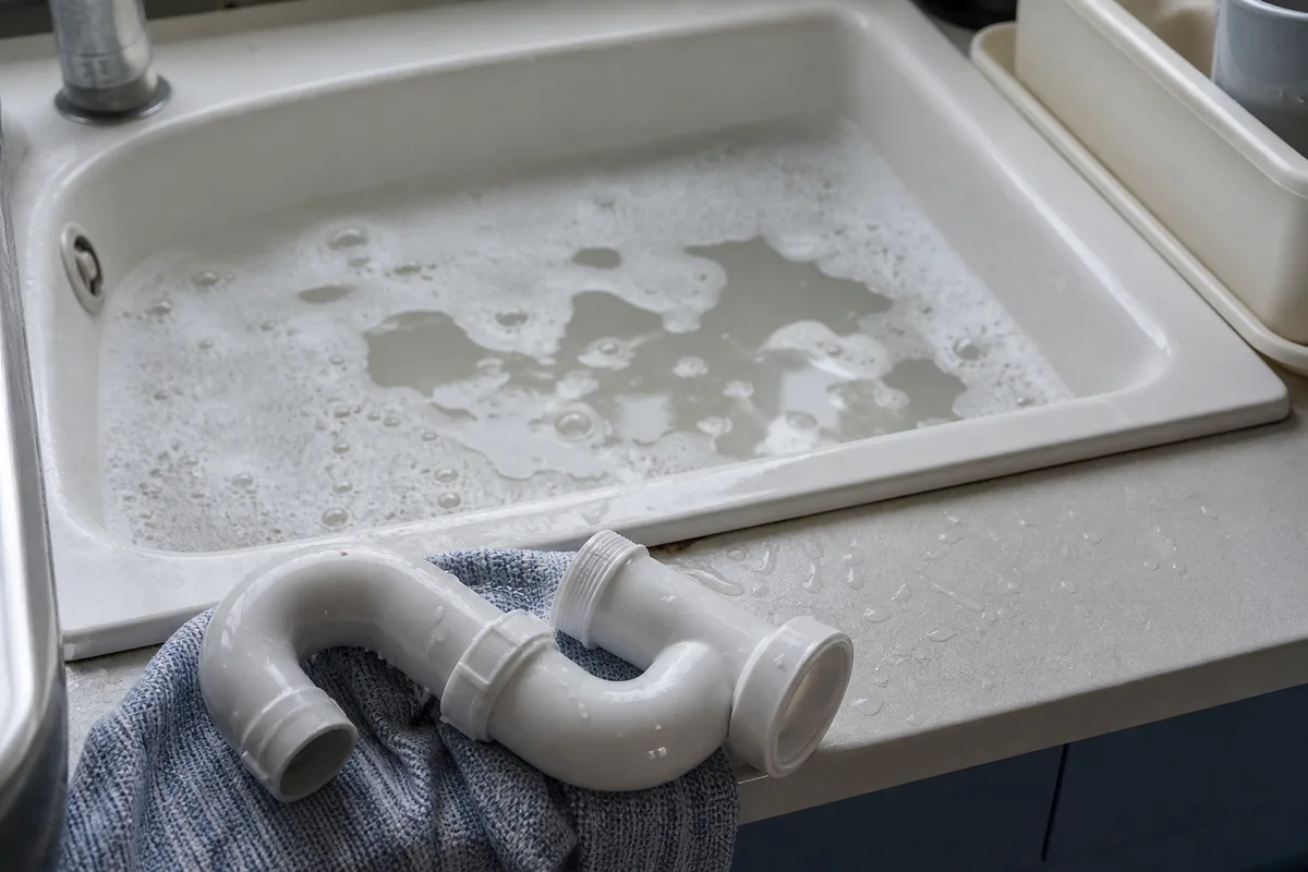 Évier de cuisine dont l&rsquo;eau stagne, siphon démonté posé à côté sur le plan de travail