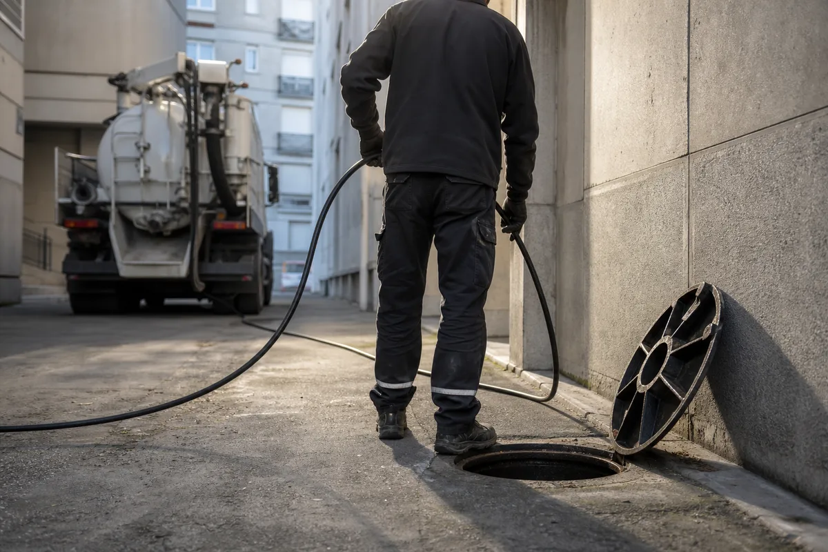 Technicien déroulant un furet électrique devant un regard de visite ouvert au pied d&rsquo;un immeuble