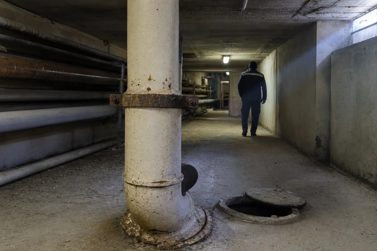 Colonne d’eaux usées en fonte dans le sous-sol d’un immeuble francilien