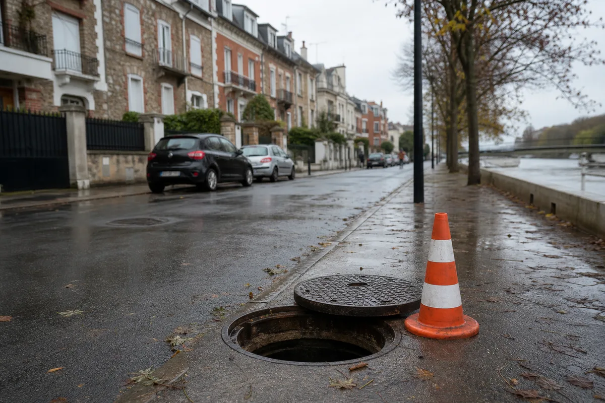Vue d’une rue résidentielle d’Alfortville en bord de Seine avec un regard d’assainissement ouvert sur le trottoir