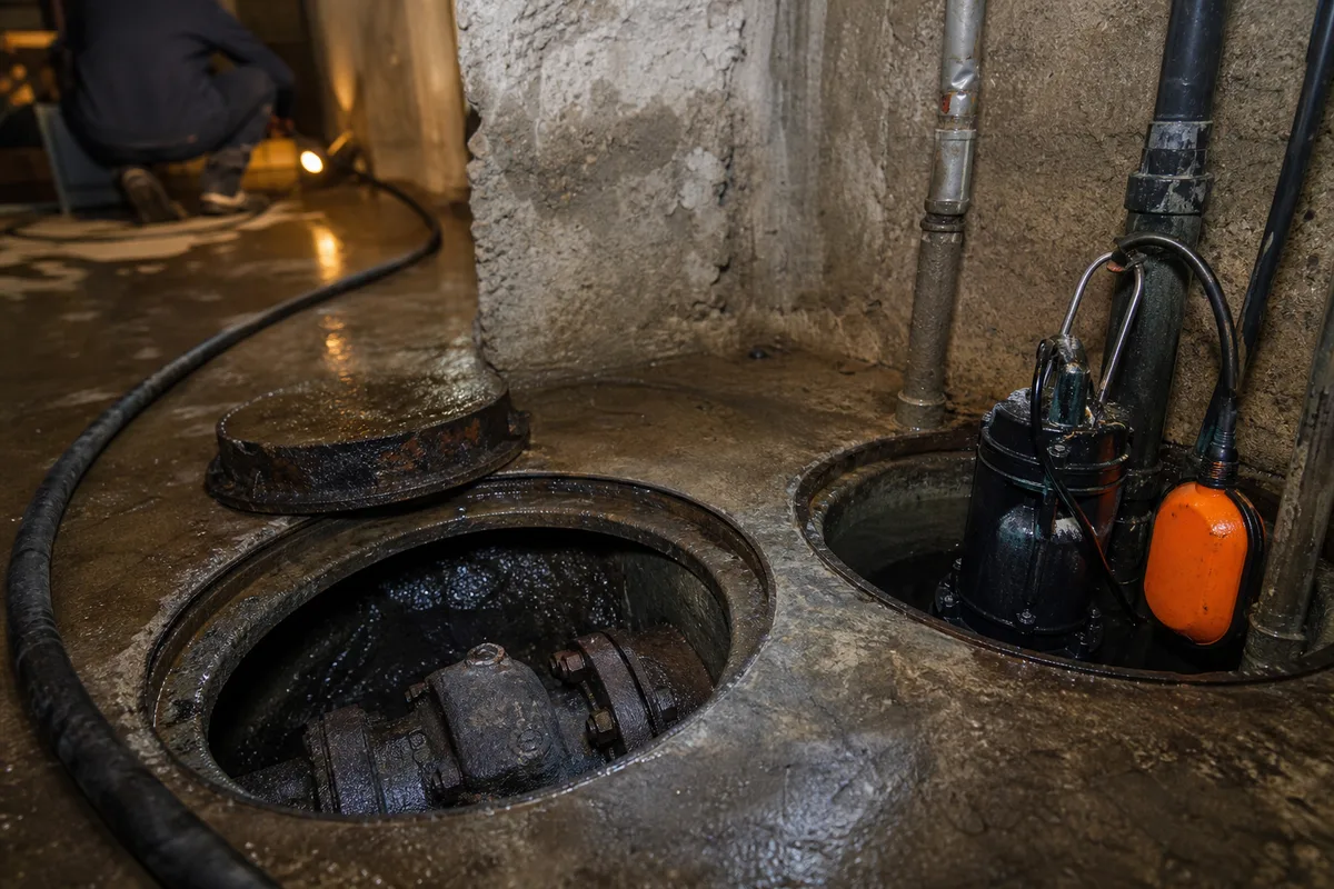 Regard d’assainissement ouvert dans un sous-sol d’immeuble avec clapet anti-retour et flexible d’hydrocureuse