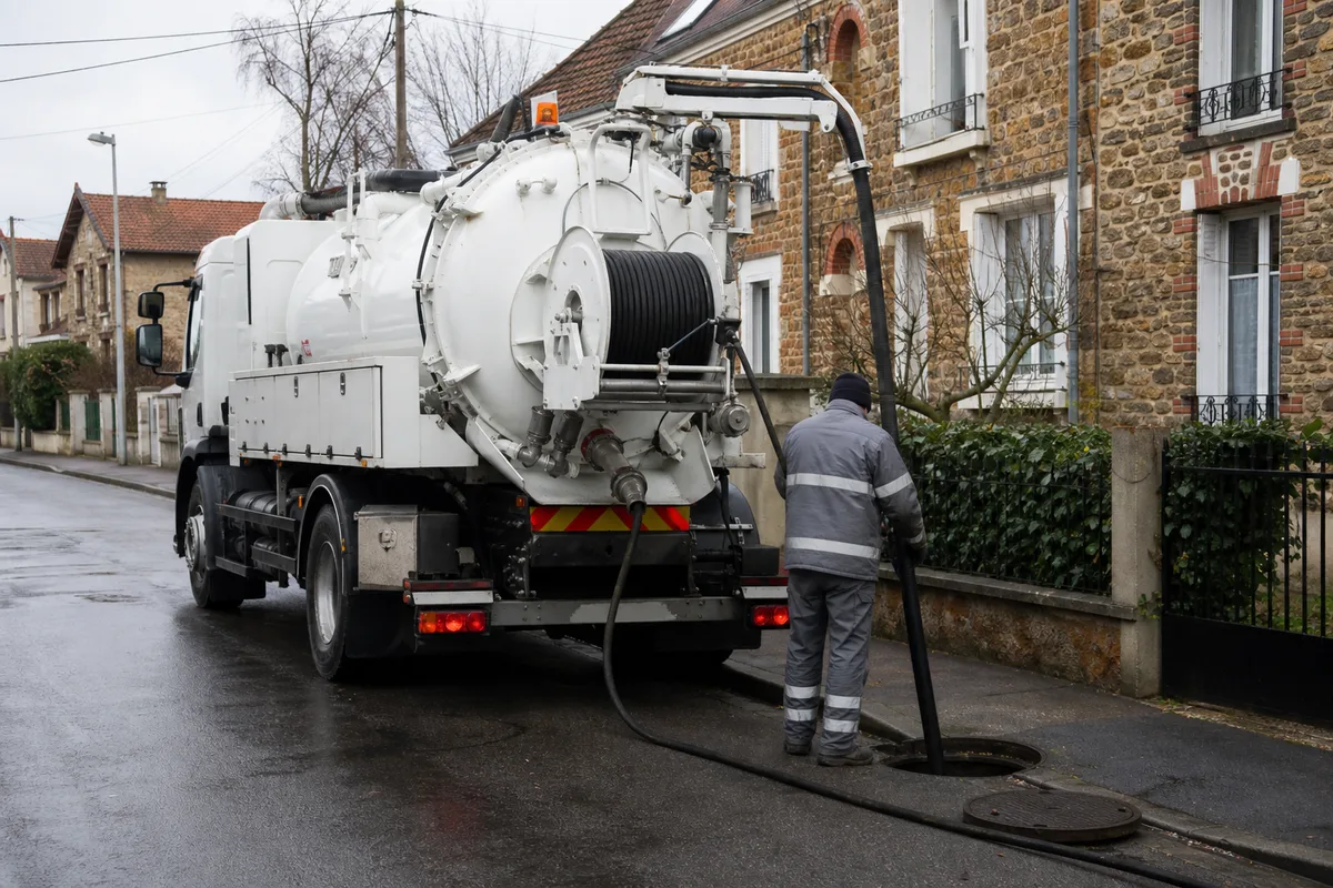 Camion hydrocureur stationné dans une rue pavillonnaire d’Île-de-France, flexible haute pression déroulé vers un regard