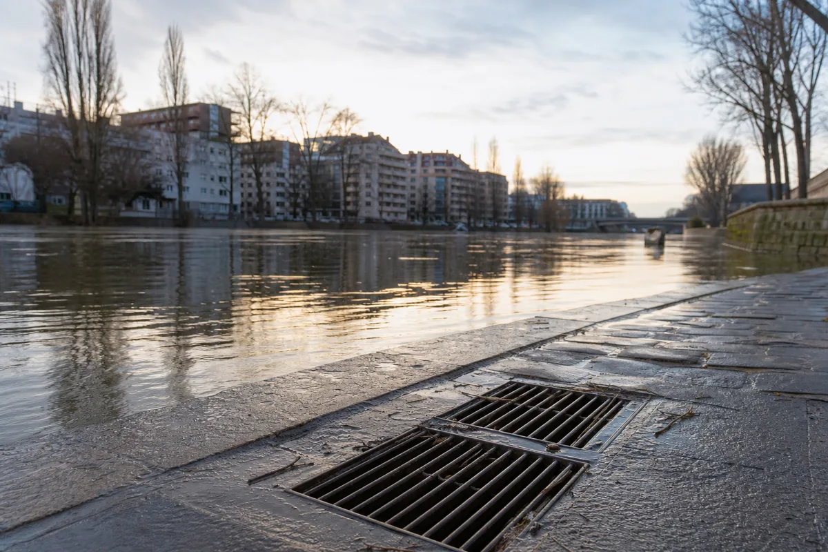 Quai de Seine à Choisy-le-Roi au petit matin, immeubles en arrière-plan