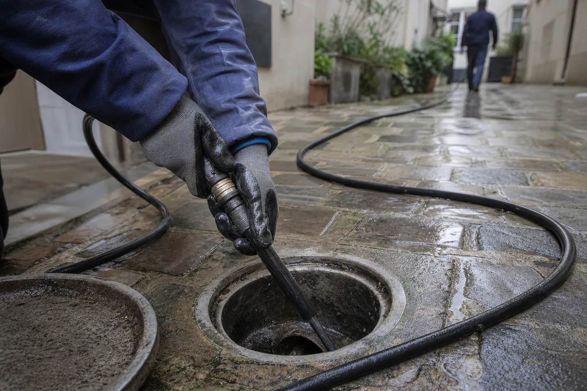 Regard de visite ouvert dans une cour d&rsquo;immeuble, tuyau d&rsquo;hydrocurage déroulé