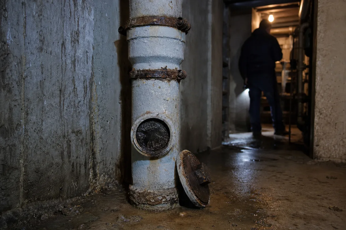Colonne d’eaux usées en fonte dans le sous-sol d’une tour des années 70 à Créteil