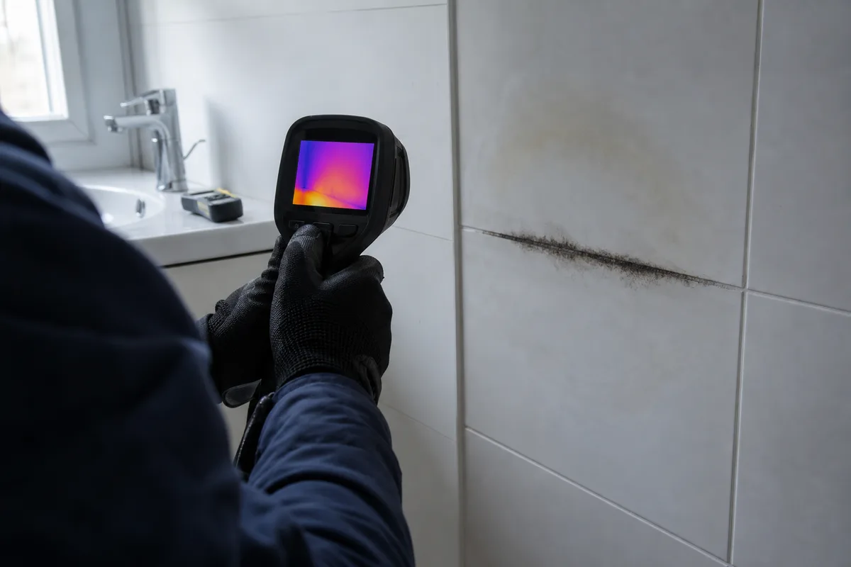 Recherche de fuite par caméra thermique sur un mur de salle de bains carrelé