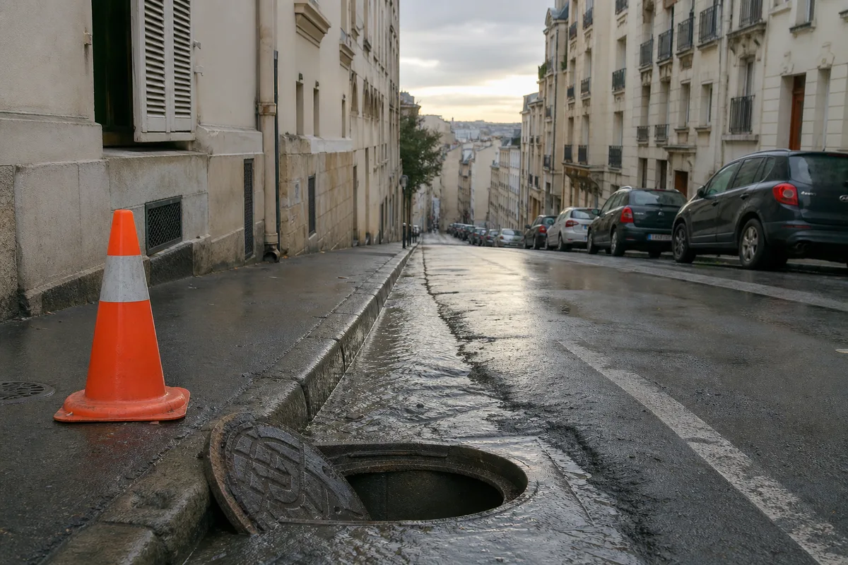 Rue en pente du bas de Gentilly un matin de pluie, regard de visite ouvert sur la chaussée mouillée