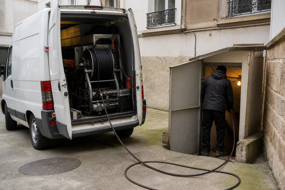 Fourgon d’artisan plombier stationné dans une cour d’immeuble francilienne, hydrocureuse et tuyaux déployés vers un sous-sol