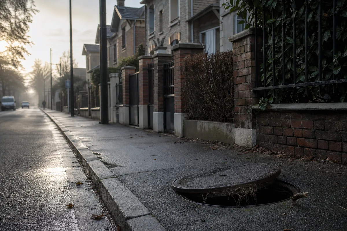 Rue pavillonnaire de Maisons-Alfort au petit matin, façades d&rsquo;avant-guerre et regard de visite ouvert sur le trottoir