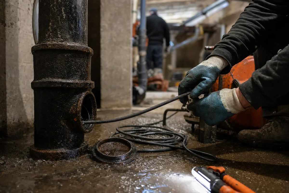 Sous-sol d&rsquo;immeuble francilien, pied de colonne d&rsquo;eaux usées et hydrocureuse en cours d&rsquo;intervention, lumière rasante