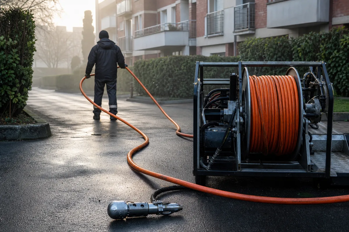 Hydrocureuse haute pression déployée dans une cour d&rsquo;immeuble francilienne au petit matin