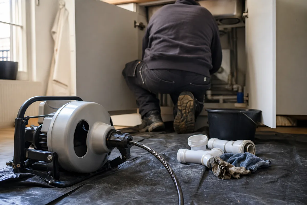 Furet électrique posé au sol devant un siphon démonté dans une cuisine d’appartement