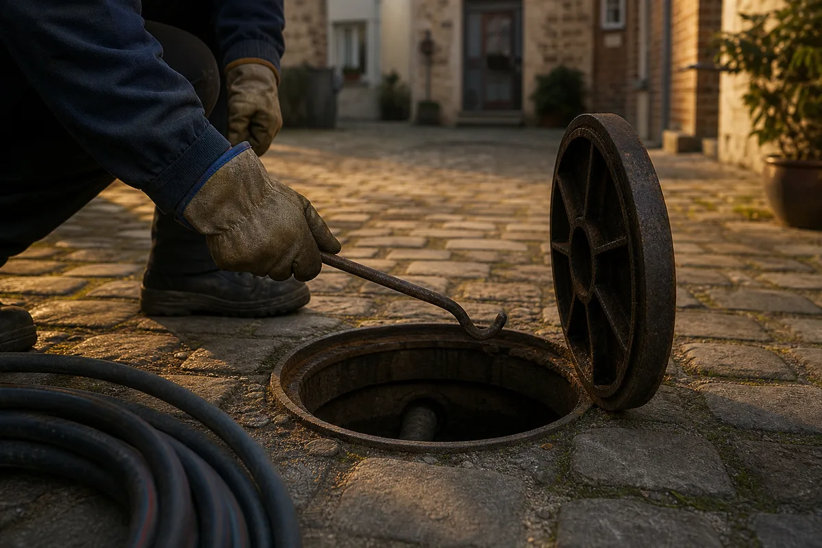 Regard de visite ouvert dans une cour d’immeuble francilienne, lumière rasante de fin de journée