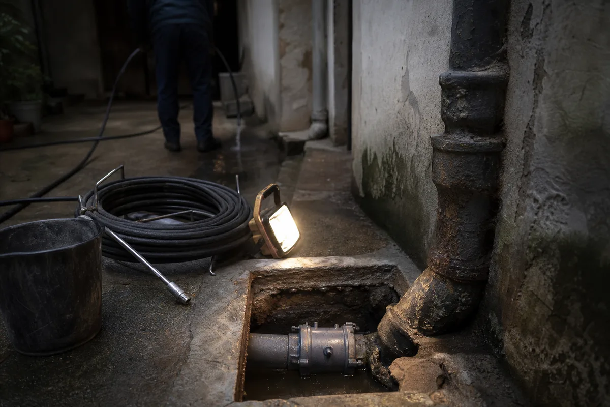 Intervention d’hydrocurage dans une cour d’immeuble francilienne, flexible haute pression déroulé jusqu’au regard