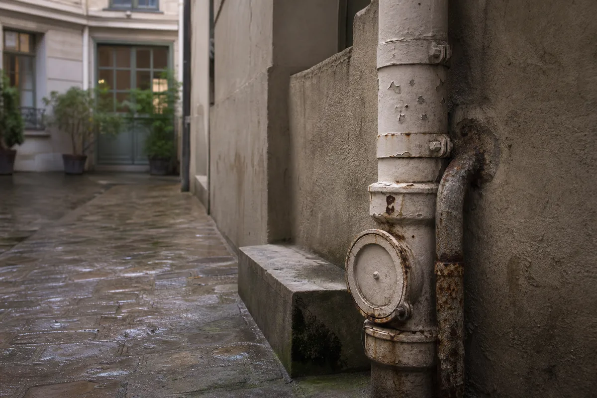 Cour intérieure d&rsquo;un immeuble ancien de Vincennes avec sa colonne de chute en fonte