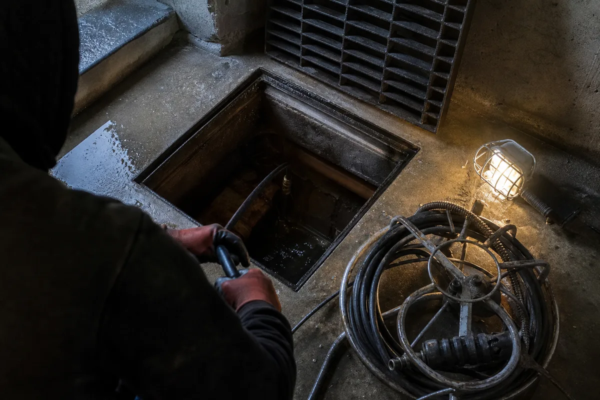 Furet électrique et flexible d&rsquo;hydrocurage posés au pied d&rsquo;un regard de visite ouvert