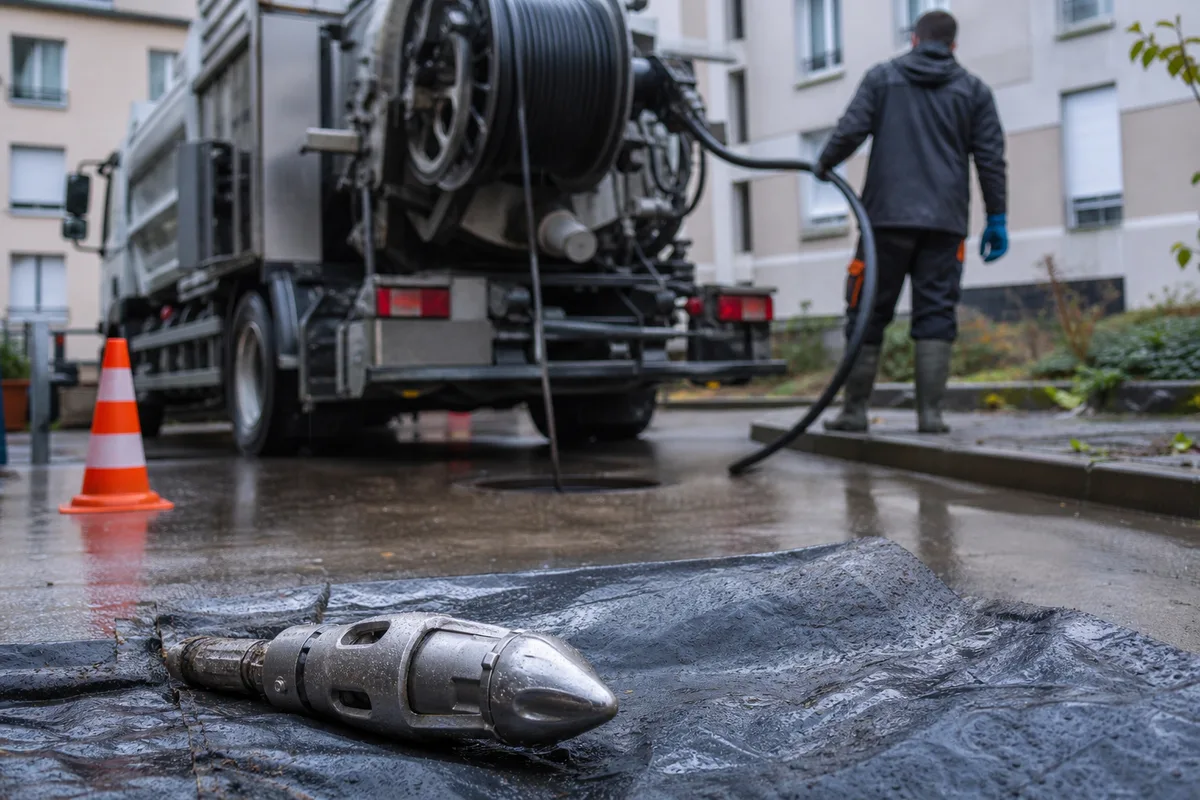 Hydrocureuse de dépannage stationnée dans une cour d’immeuble francilienne, flexible haute pression déroulé vers un regard ouvert