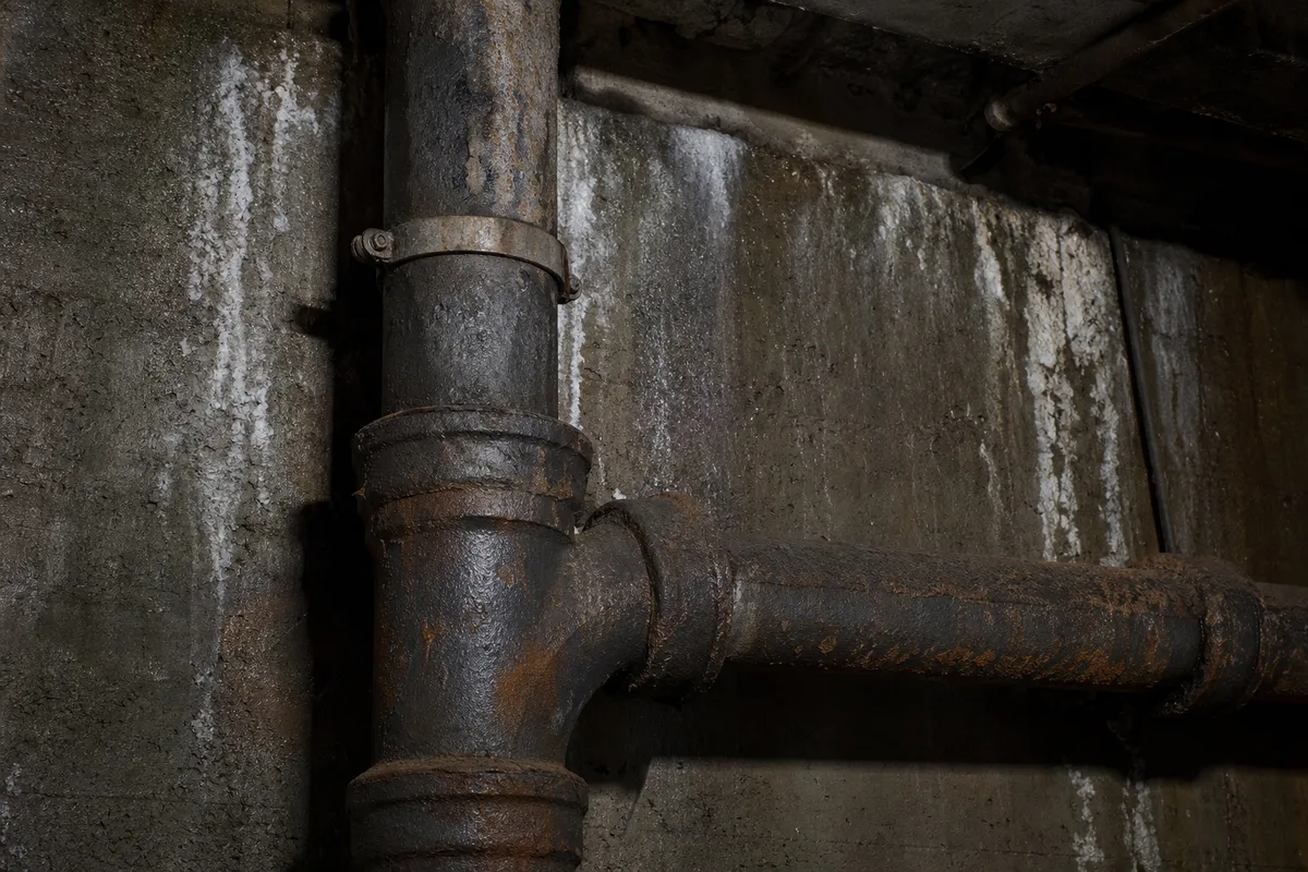 Colonne d’eaux usées en fonte dans une gaine technique de sous-sol, lumière rasante et traces d’humidité sur le mur